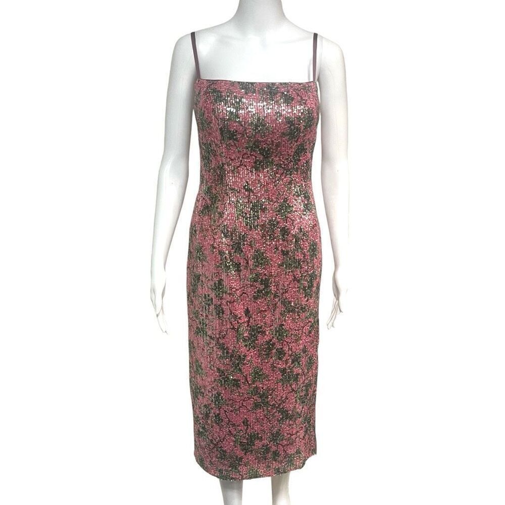 Azazie Atelier Pink Floral Sequin Adjustable Strap Side Slit Print MIDI Dress Sz